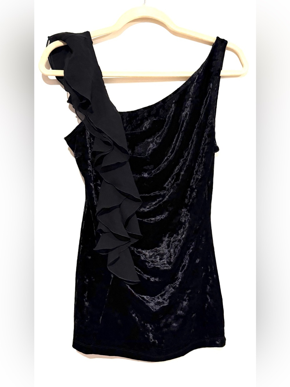 BCX One-Shoulder Black Velvet Top with Ruffle Detail